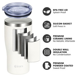 MUCR 17 oz Ceramic Lined Travel Tumbler with Cleaning Brush, Good Temperature Retention, Sweat-Proof, Easy to Clean, Fits Car Cup Holder for Coffee Tea, White