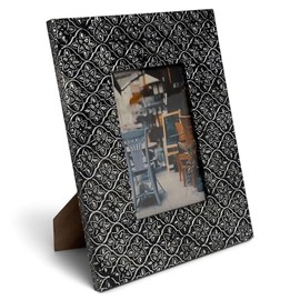 IHI EST. 1986 Moroccan Motif Design - 9 x 7 Inch; Holds 4 x 6 Inch Print Black/Silver Tone Wooden Tabletop Photo Frame