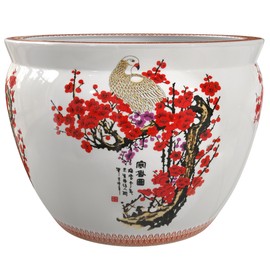 Red Lantern Cherry Blossom Porcelain Fishbowl Planter, 12" Diameter