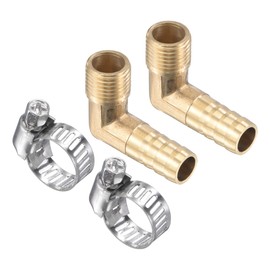 M METERXITY Pack of 2 Brass Hose Fittings - 90 Degree Angle 10 mm Brass Pipe Connection with Hose Clamps Application Water (G1/4 Male Thread)
