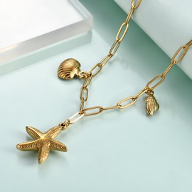 Rnivida Shell and Starfish Pendant Necklace for Women,14k Gold Plated Stainless Steel Summer Beach Jewelry Gift for Her (Starfish and Shell Gold)