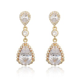 Teardrop Dangle Earrings for Wedding - 14K Gold Plated Sterling Silver Pear Shape Cubic Zirconia Crystal Drop Earrings for Women Bridal Jewelry for Bridesmaids Mother of Bride Party Prom Pageant
