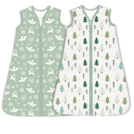 Unnivoll Pack of 2 Baby Sleeping Bags, 1.0 Tog, 100% Cotton, 12-18 Months, 84 cm, for Boys, Girls, Newborns, Green Tree