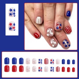 24 Pcs 4th of July Extra Short Press on Nails Square OLIUKJU Red Blue White Star Designs Fake Nails Glitter Full Cover False Nails Glossy Stick on Nails for Women Girls Independence Day Nails