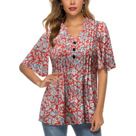 HOCOSIT Women's Floral Print Short Ruffle Sleeve Pleated Front V Neck Button Tunic Tops