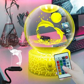 Fanrui 3.15 Inch Dolphin Crystal Ball 3D Table Lamp,80MM Crystal Glass Dolphins Playing & Moon Figurines Night Light with Remote Control,Gifts for Lovers Girlfriend Wife Mom Boys Kids Birthday Xmas