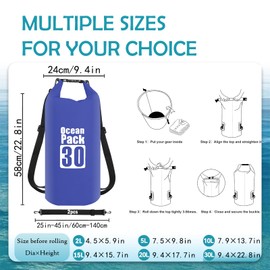 Dry Bag 30L, Boat Dry Bags Blue Waterproof Bag Dry Sack Roll Top Long Adjustable Shoulder Strap 2L/5L/10L/20L/30L/40L for Drifting Boating Kayaking Fishing Rafting Swimming Camping Canoeing Surfing