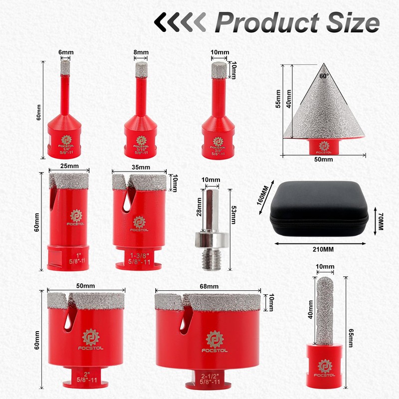 Diamond Core Drill Bit Set - FOCSTOL 10pcs (6/8/10/25/35/50/65mm+10mm Finger
