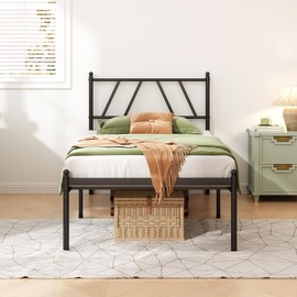 Kujielan Metal Platform Bed Frame with Headboard, 14 Inches Twin Bed, No Box Spring Needed, Steel Slat Support, Black, Easy Assembly