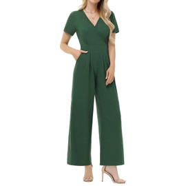 Tanmolo Women's Jumpsuit Elegant Summer Short Sleeve V-Neck Jumpsuit Wide Leg Romper with Pockets Dark Green, S