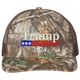 Generic Trump US Flag 2024 Embroidered Richadson Brand One Size Fits All Structured Trucker Hat (Polycotton, Camo RealTre)