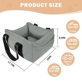 Dog Car Seat for Small Dogs, Large Leather Dog Car Bed with Storage Pocket, Waterproof PVC Leather Booster Seat Travel Bed for Front & Back Seat, Clip-On Safety Leash (Grey)