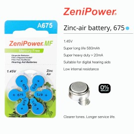 ZeniPower Size 675 1.4V MF Hearing Aid Battery PR44, 7003ZD, ZA675 One card 6 pc