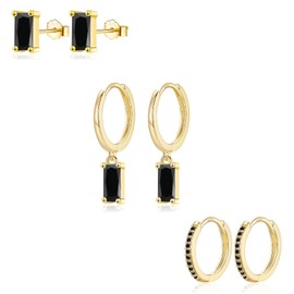 Sterling Silver Hoop Earrings for Women, 3 Pairs Small Gold Huggie Hoop Earrings Set | Hypoallergenic Black Cubic Zirconia Stud Hoop Earrings with Baguette Drop Cartilage Earrings Jewellery Girls Gift