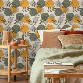 VEELIKE Orange Grey Geometric Peel and Stick Wallpaper Boho Leaf Wallpaper for Bedroom Bathroom 17.7''x354'' Abstract Wallpaper Mural Self Adhesive Removable Mid Century Wallpaper for Living Room
