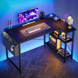 Raybee 39"/47" L Shaped Gaming Desk, Computer Desktop with Power Outlets,USB,Reversible Corner Table, Side Shelves & File Pocket for Home & Office Use - Color: 47”-Black