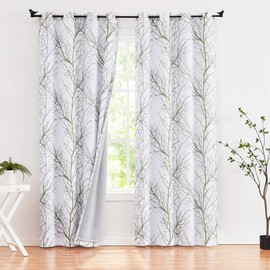 Green White Blackout Curtains 96 inches Long Grey Forest Tree Branch Print Window Panels with Grey Curtain Liner for Bedroom Living Room Thermal Insulated Curtain Drapes Grommet Top 50"w x 2Pcs