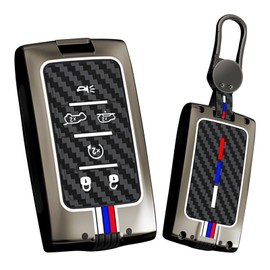 HIBEYO 6 Button Key Fob Cover Compatible with Jeep Grand Cherokee Grand Wagoneer 2021 2022 2023 2024 Accessories Alloy Carbon Fiber Texture Key Shell with Keychains-6 Button Black