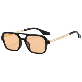 JCTAIFOO Vintage 70s Square Sunglasses for Men Women Trendy Retro Rectangle Small Shades Cool Cute Fashion Glasses, Black-Gold/Champagne-1