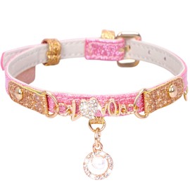 PetsHome Cat Collar, Dog Collar, [Bling Rhinestones][Sparkling Leather] Adjustable Cute Pet Collar with Pearl Pendant for Cat and Small Dog Small Pink