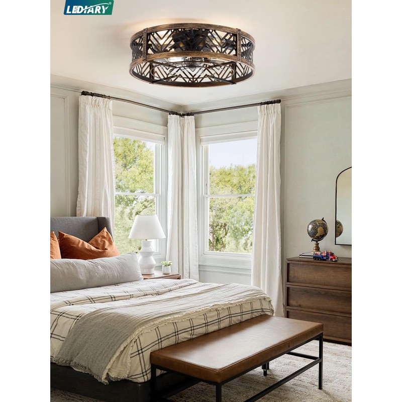LEDIARY 20" Caged Ceiling Fan with Light, Small Flush Mount,