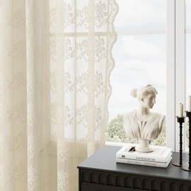 Hokibero Beige Lace Curtains 96 Inches Long 2 Panels Set Rod Pocket Light Filtering Scalloped Edges for Living Room Bedroom Floral Linen Embroidered Sheer Curtains Farmhouse Boho Decor 52x96