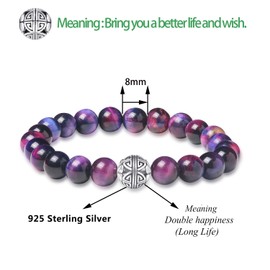 MetJakt Natural 8 mm Gemstones Healing Crystal Bracelet, Stretchy Beads Bangle with 925 Sterling Silver, Double Happiness Pendant, Lapis Lazuli