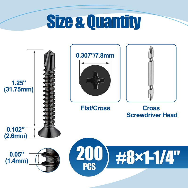 ANCHOREASE #8×1-1/4″ Sheet Metal Screws 200Pcs, 410 Stainless Steel Black