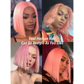 Belaved None Lace Front Bob Wigs Pink Human Hair Wigs Pre Plucked Natural Hairline Quality Remy Hair Pink Bob Wigs 14 Inch 150% Density Thick Full Head Glueless Wig For Women Breathable Cap