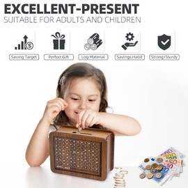 Tuofang Wooden Money Box with Counter, Reusable Money Box with Savings Target and Numbers for Crossing for Girls Boys Birthday Favours