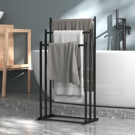 Modern 3-Tier Towel Rack, Black Iron, Freestanding Bathroom Organizer, Floor Standing Design, Indoor Outdoor Pool Towel Storage Stand