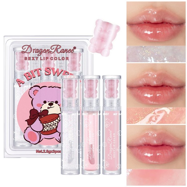3PCS Bear Lip Glaze Jelly Lipstick,Liquid Lipstick, Hydrating Clear Lip