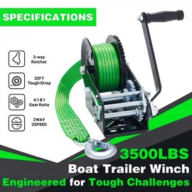 OPENROAD 3500LB Cabrestante de barco para remolque - Correa verde de 32 pies, cabrestante manual de alta capacidad con carraca bidireccio...
