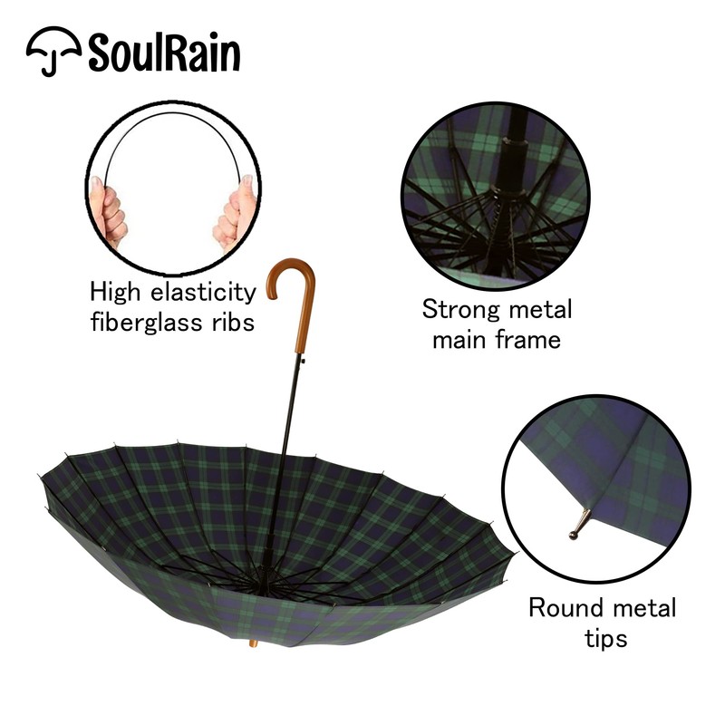 SoulRain Plaid Umbrella 16 Ribs 48" Stick Umbrella Auto Open