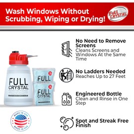 Full Crystal Window Cleaning Kit – 8 oz Glass Cleaner and Bottle with 27 ft Reach, Each 4 oz Bag Makes Up to 640 fl oz, Cleans Up to 40 Windows, Scrub-Free, Rinse-Free