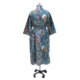 CRAFT KALA Women's Long Robes Kimono Robe with Colorful Crowns Printed Blue Kimono Nightgown