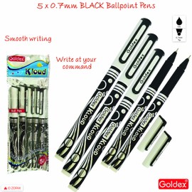 Goldex Kloud BLACK Ball Pen 5 x 0.7mm Tip Ballpoint Biros Pens Smooth Writing