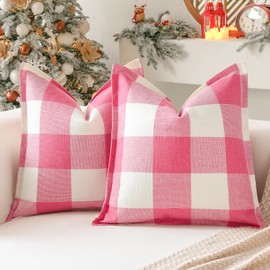Sungeek Set of 2 Buffalo Plaid Tartan Cushion Covers, Decorative Cushion Covers, Christmas Checked Cushion Cover, Decorative Cushion Cover for Sofa, Bedroom, Living Room, 50 x 50 cm (Pink)