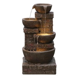 Cascading Bowls and Bricks Stones Outdoor Water Fountain, 3 Tier Outdoor Waterfall Fountain with LED Lights, Freestanding Fountains in 24" Height for Garden/Patio/Yard/Balconies/Lawns