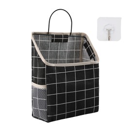 Surblue Wall Hanging Storage Bag with Sticky Hook, Closet Hanging Storage for Pocket, Bathroom Dormitory Organizer Bag, Linen Cotton Organizer Box Containers for Bedroom(Black)