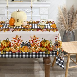 cusugbaso Fall Tablecloth 52x70 Inches, Farmhouse Pumpkins Fall Decor, Water Resistant Black Plaid Thanksgiving Table Cloth Rectangle for Party, Dinner