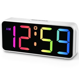 Peakeep Small Digital Alarm Clock Plug in for Kids Bedroom Bedside Nightstand, 8 RGB Colors Large Display Dimmable 6 Brightness, Corded Electric Battery Backup (White - RGB)