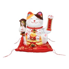 Ebros Gift Japanese Good Luck and Fortune Charm Maneki Neko White Beckoning Cat in Red Collar Wine Gourd and Auspicious Red Pillow with Waving Left Arm Figurine 9" H