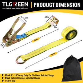 TLGREEN 4-Pack 2 in x 10 ft Car Tie-Down Straps, 10,000 lb, Yellow