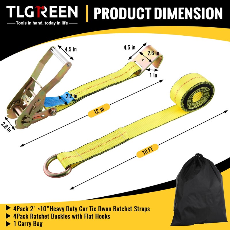 TLGREEN 4-Pack 2 in x 10 ft Car Tie-Down Straps,