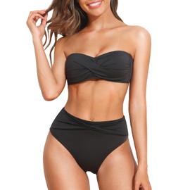 Tempt Me Women Black Bandeau Bikini Set Twist Strapless Two Piece Swimsuit High Cut High Waisted Bathing Suits L