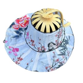 AMateschitz Fan Hat Made of Bamboo Sun Protection Bamboo Fan Hat Foldable Fan Cap with Wide Brim Versatile Beach Hat Anti-UV Sun Hat for Travel Fishing Outdoor, White Peony, Unit size