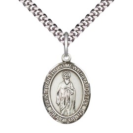 Medium Men's .925 Sterling Silver Saint Bartholomew the Apostle Medal Pendant on 24 Inch Endless Rhodium Plated Heavy Curb Brass Chain, Catholic Religious Necklace -Made in USA- Deluxe Velvet Gift Box