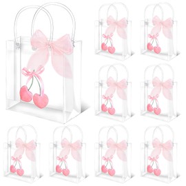 FYSUIMU 12 Pcs Pink Bow Cherry Clear PVC Gift Bags Coquette Bowknot Cherry Party Favor Bags with Handles Treat Tote Bag with Ribbon for Birthday Baby Shower Bachelorette