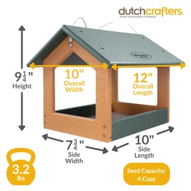 DutchCrafters Amish USA Made Recycled Plastic Large Hanging Modern Fly Through Covered Roof Open Platform Tray Bird Feeder for Outdoors, Garden, Yard (Turf Green & Bright Cedar)